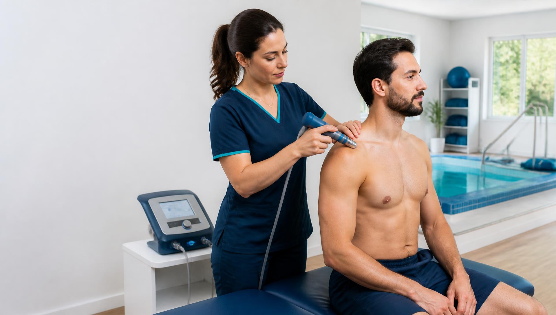 Fisioterapeuta utilizando tecnologia de ondas de choque em uma clínica com piscina terapêutica
