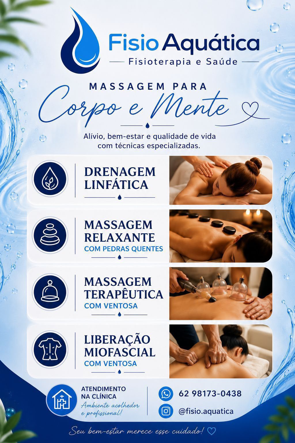 Material da Fisio Aquática sobre massagem para corpo e mente: drenagem linfática, massagem relaxante, terapêutica e liberação miofascial