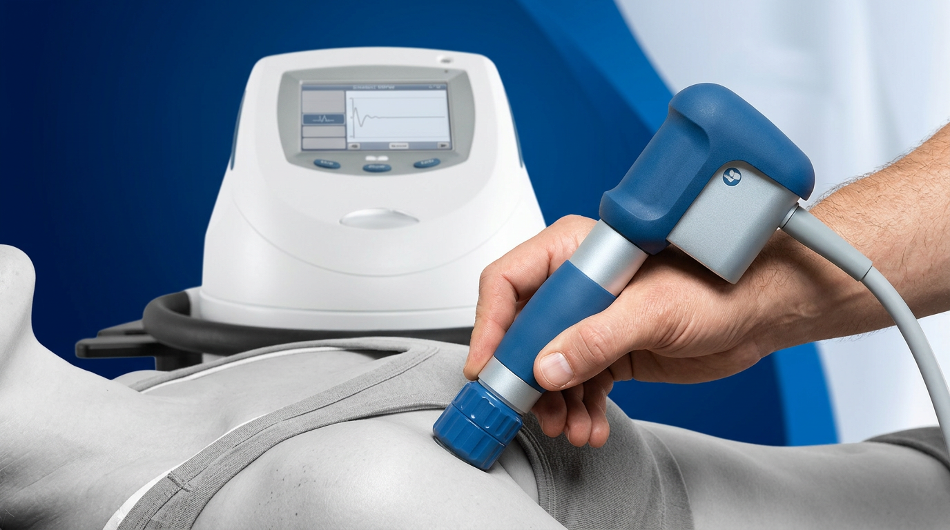 Aplicação de terapia por ondas de choque com o aparelho Shockwave da Fisio Aquática