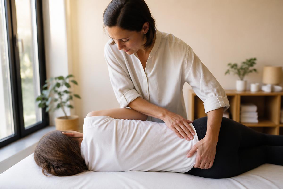 Osteopata realizando técnica manual na coluna de paciente deitada na maca, em sala reservada